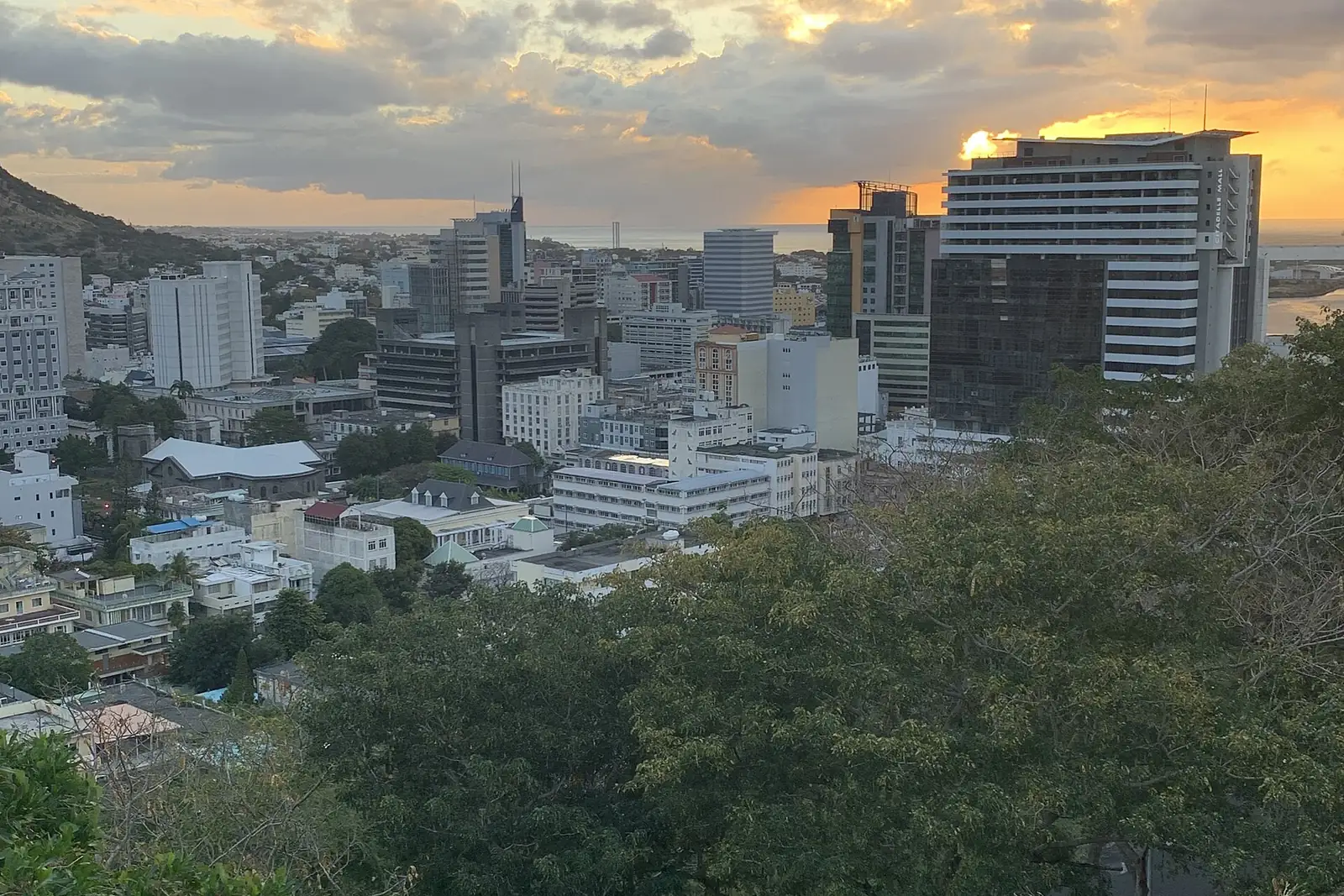 The Port Louis skyline at sunset