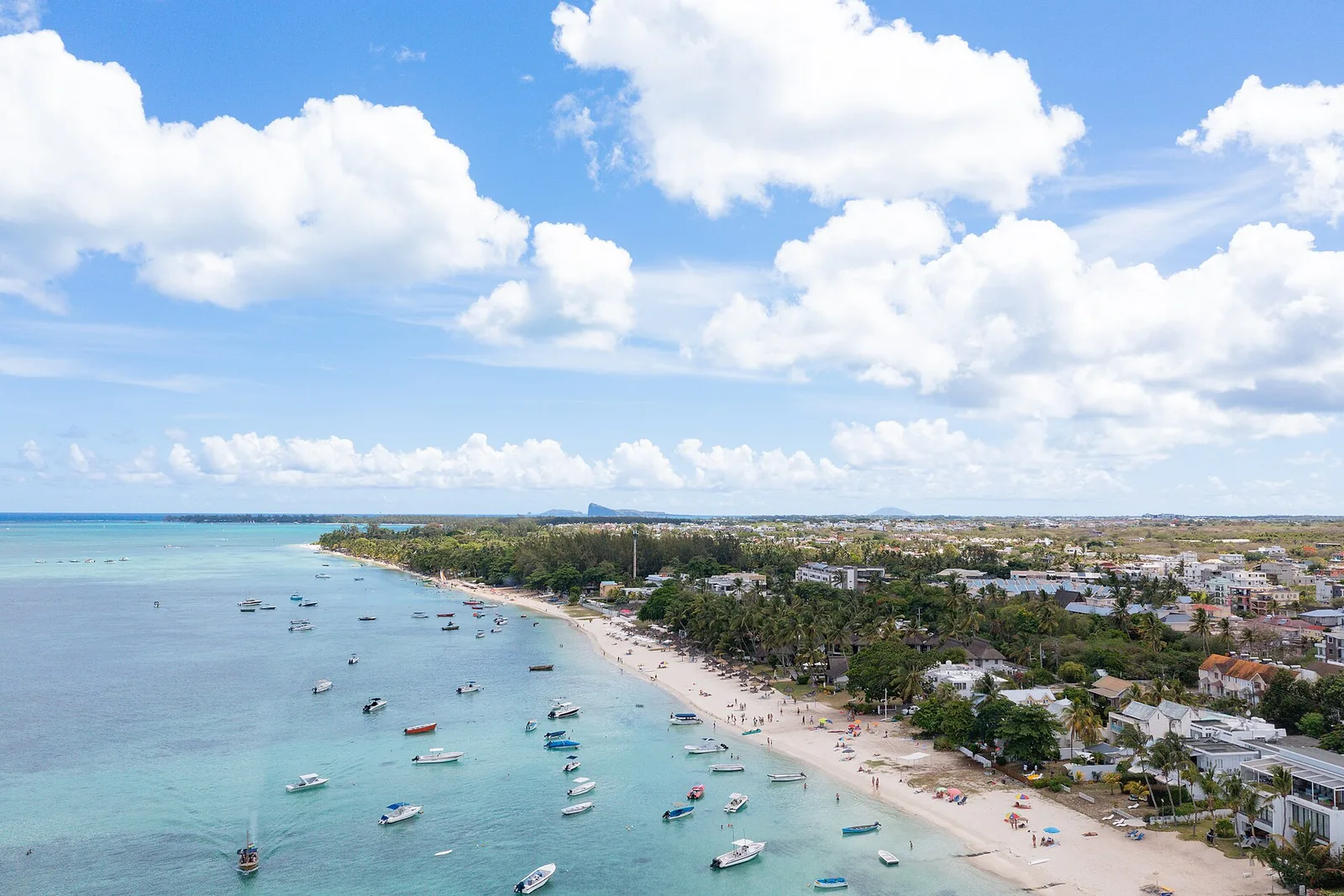 Aerial view of boats moored off Trou aux Biches beach
